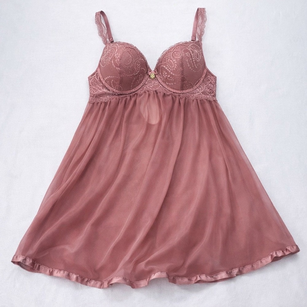 Daisy Fuentes Lace Babydoll Lingerie Large Sheer Mauve Pink Underwire Chemise